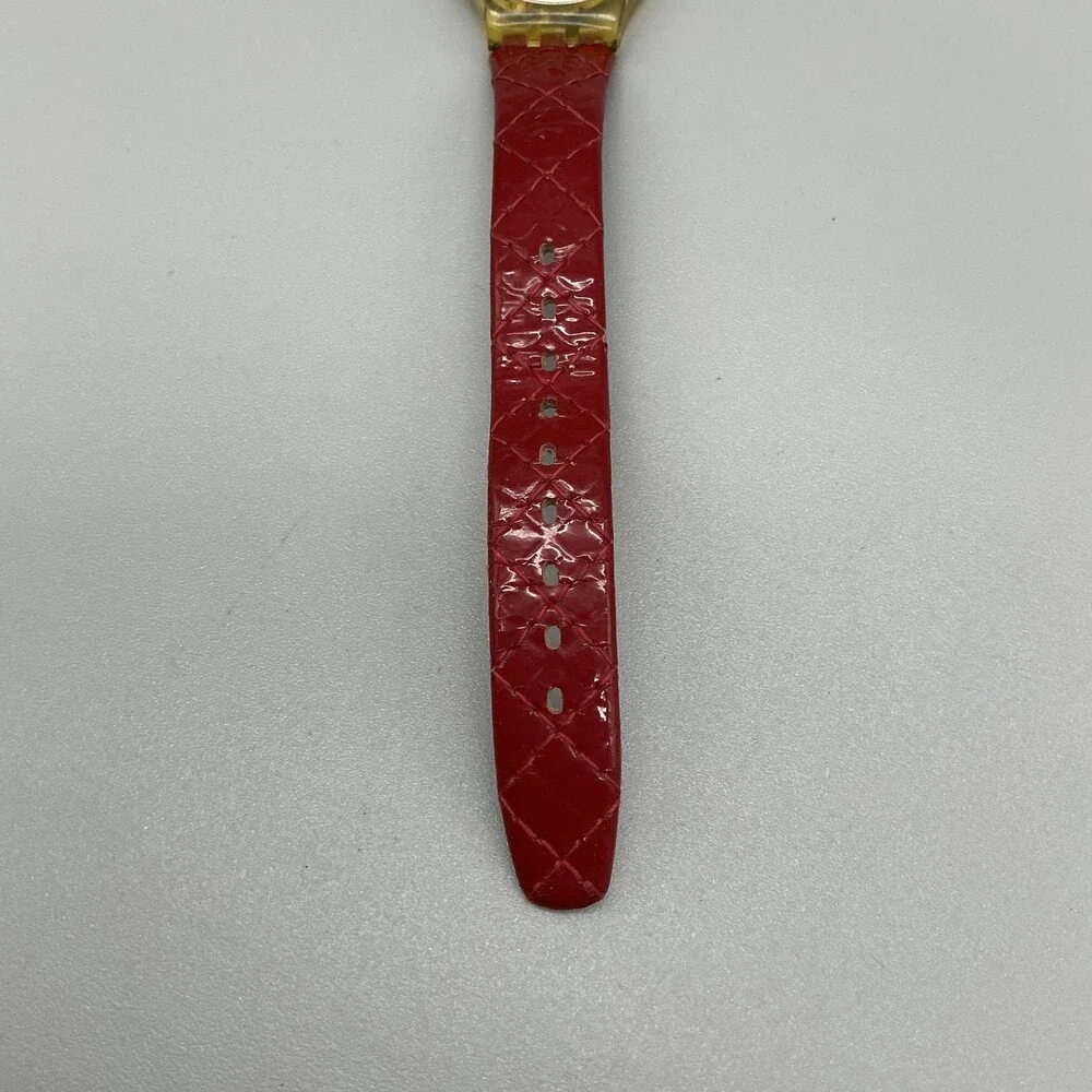 Vintage Swatch Womens Watch 25mm Silver Dial Yellow Case Red Leather Swiss